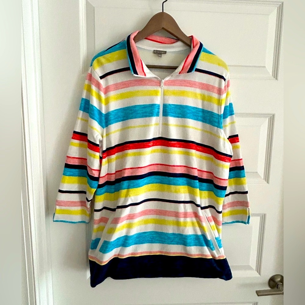 Talbots 1/4 Zip Striped Pullover White Multi Size 2X